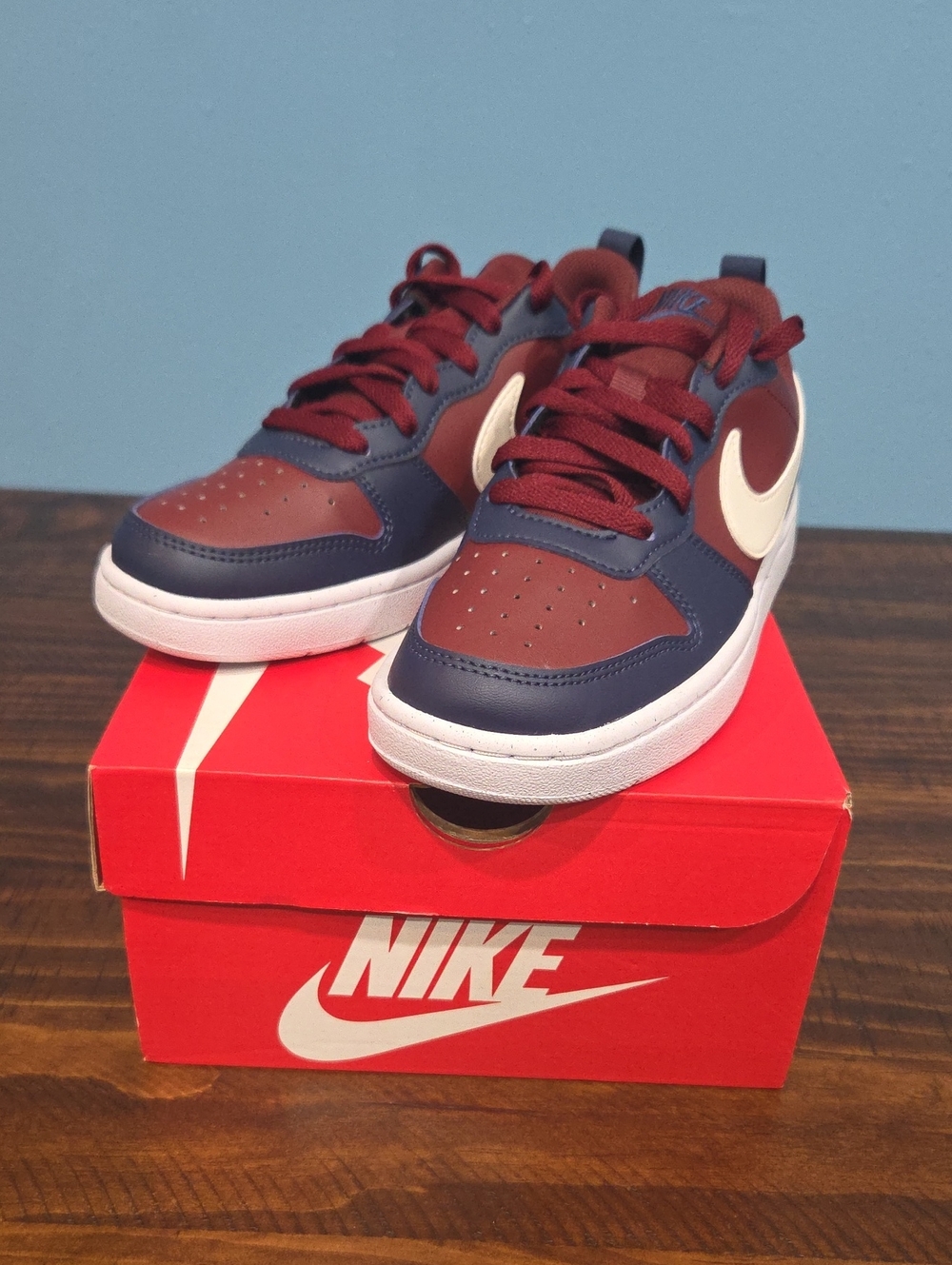 Nike Big Kids Court Borough Low Recraft(GS) Sneakers in Burgundy, Navy and White